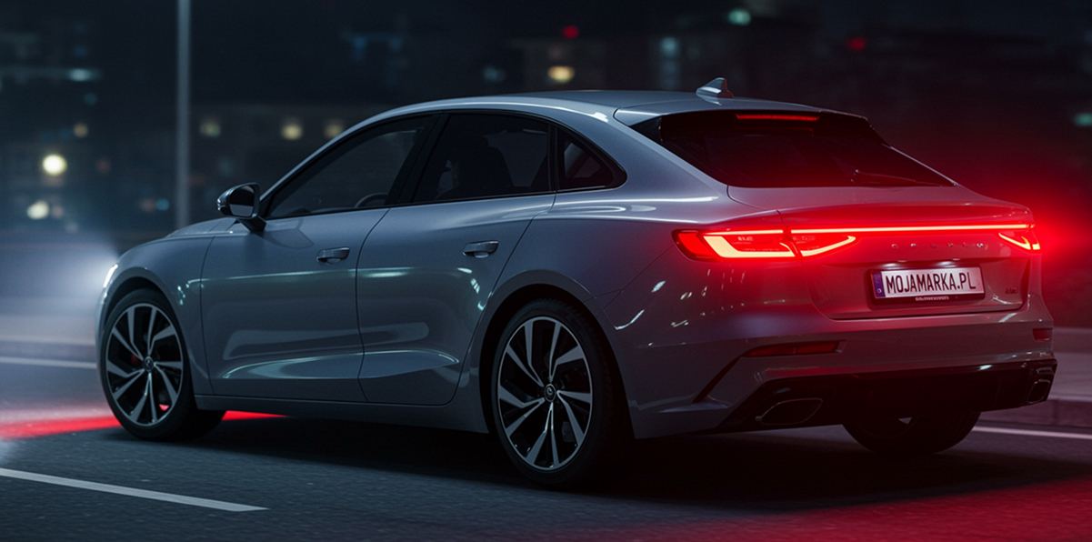 samochód nocą podczas jazdy z systemami zwiększającymi bezpieczeństwo