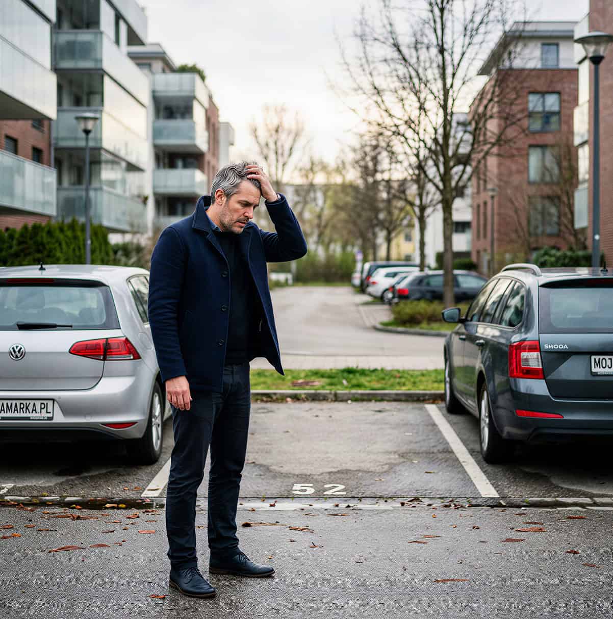 zmartwiony kierowca patrzy na puste miejsce parkingowe